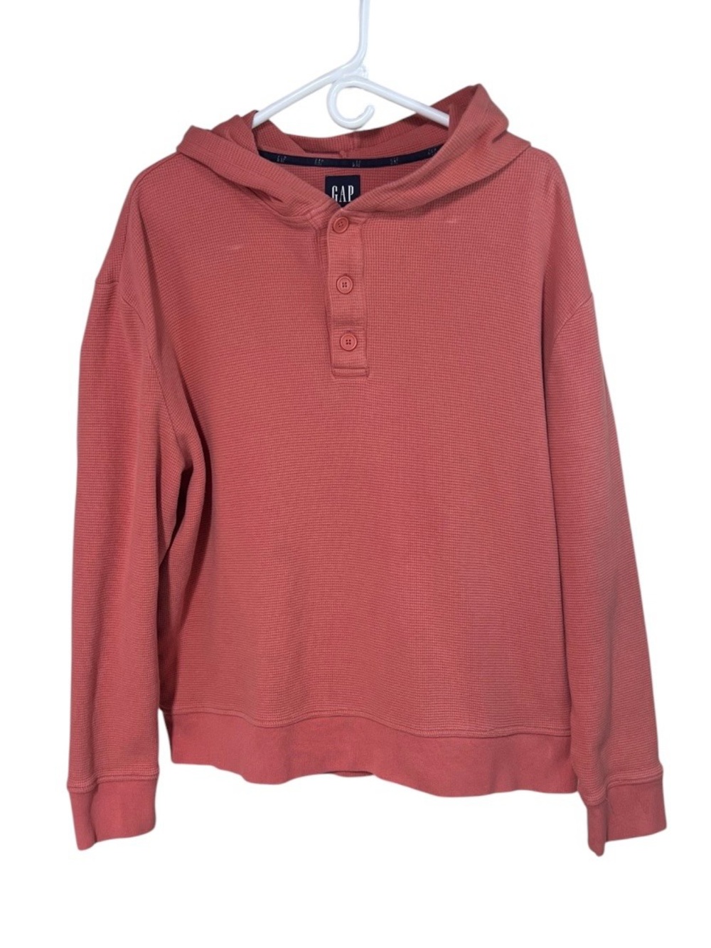Gap Men's Large Relaxed Fit Waffle Knit Thermal Henley Hoodie Sweatshirt Coral